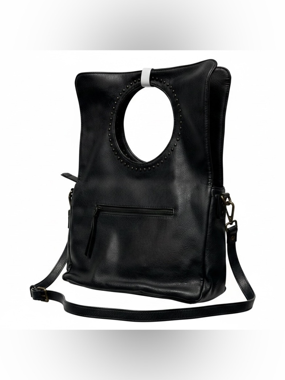 Moda Luxe Black Faux Leather Crossbody Bag Studded O Ring Handle Convertible